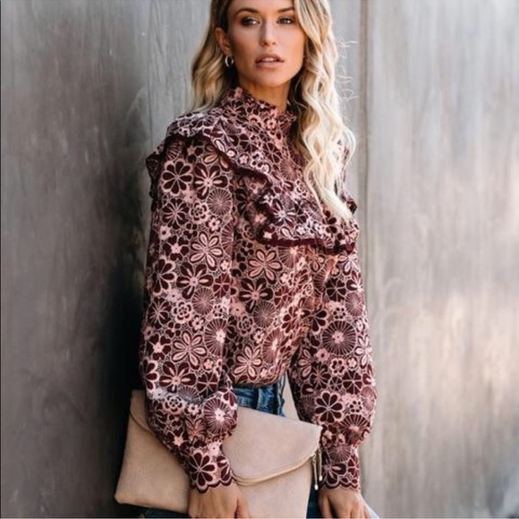 Vici Tops - NWOT VICI Champagne & Strawberry Pink Change Is Beautiful Ruffle Lace Top Small